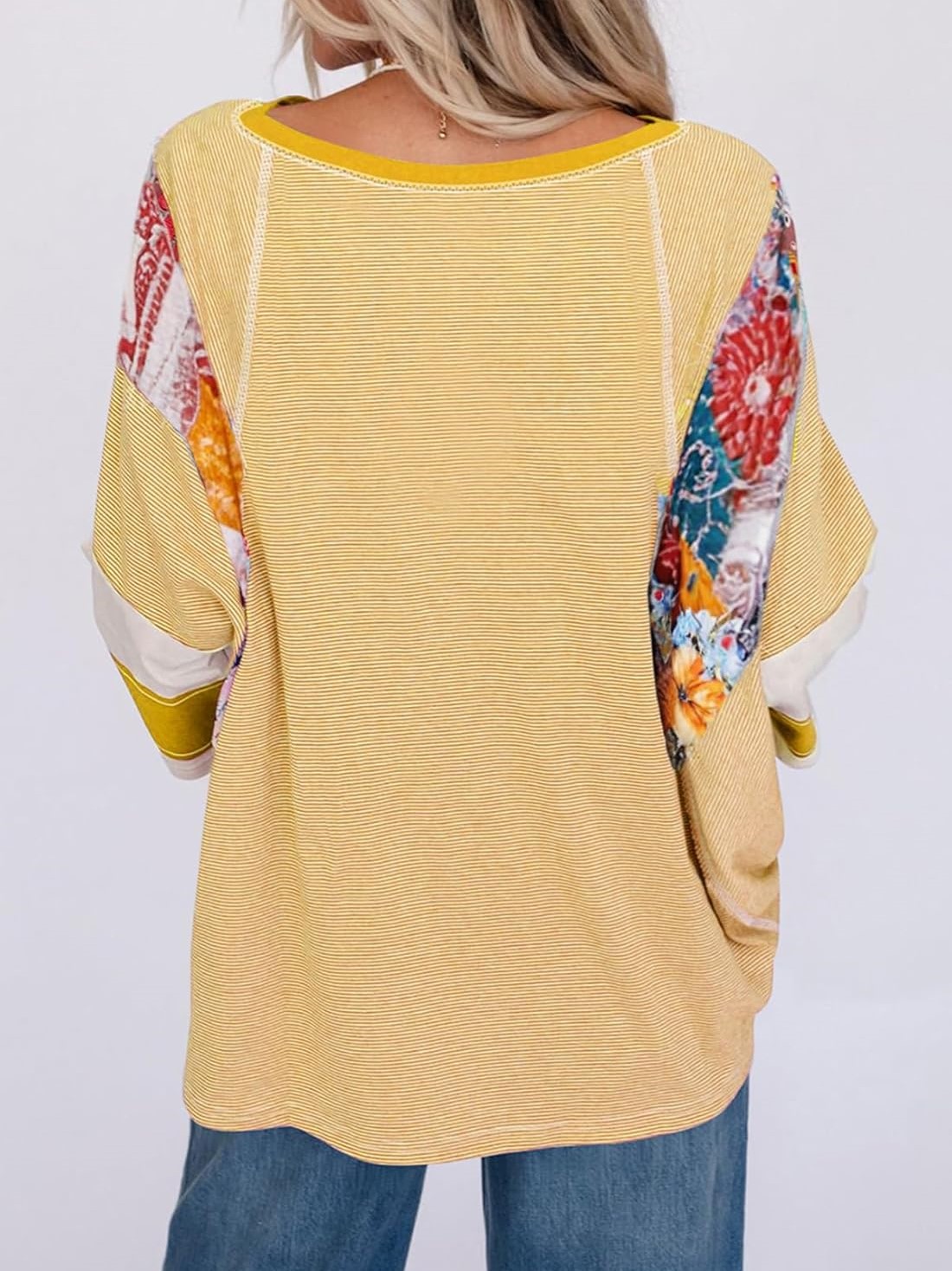 Women's Casual Striped Floral Print Patchwork Oversized 3/4 Sleeve Top