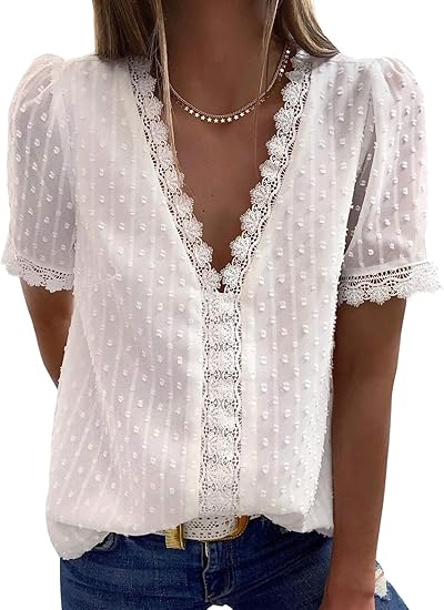 2025 New Women's V Neck Lace Crochet Tunic Tops Flowy Casual Shirts(buy 3 free shipping)
