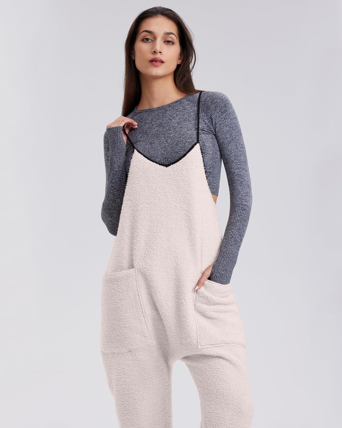 Womens Fleece Overalls Loose Fit Adjustable Strap Jumpsuits Warm Fashion Work Outfits