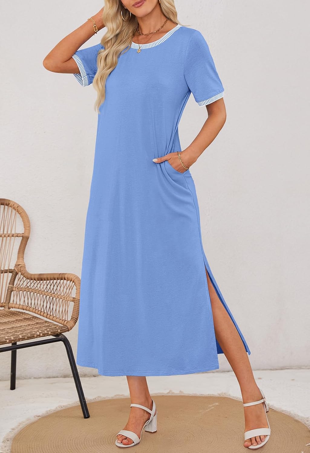 Women's Summer Short-sleeved Round Neck Slit Casual Dress(Buy 2 Free Shipping)