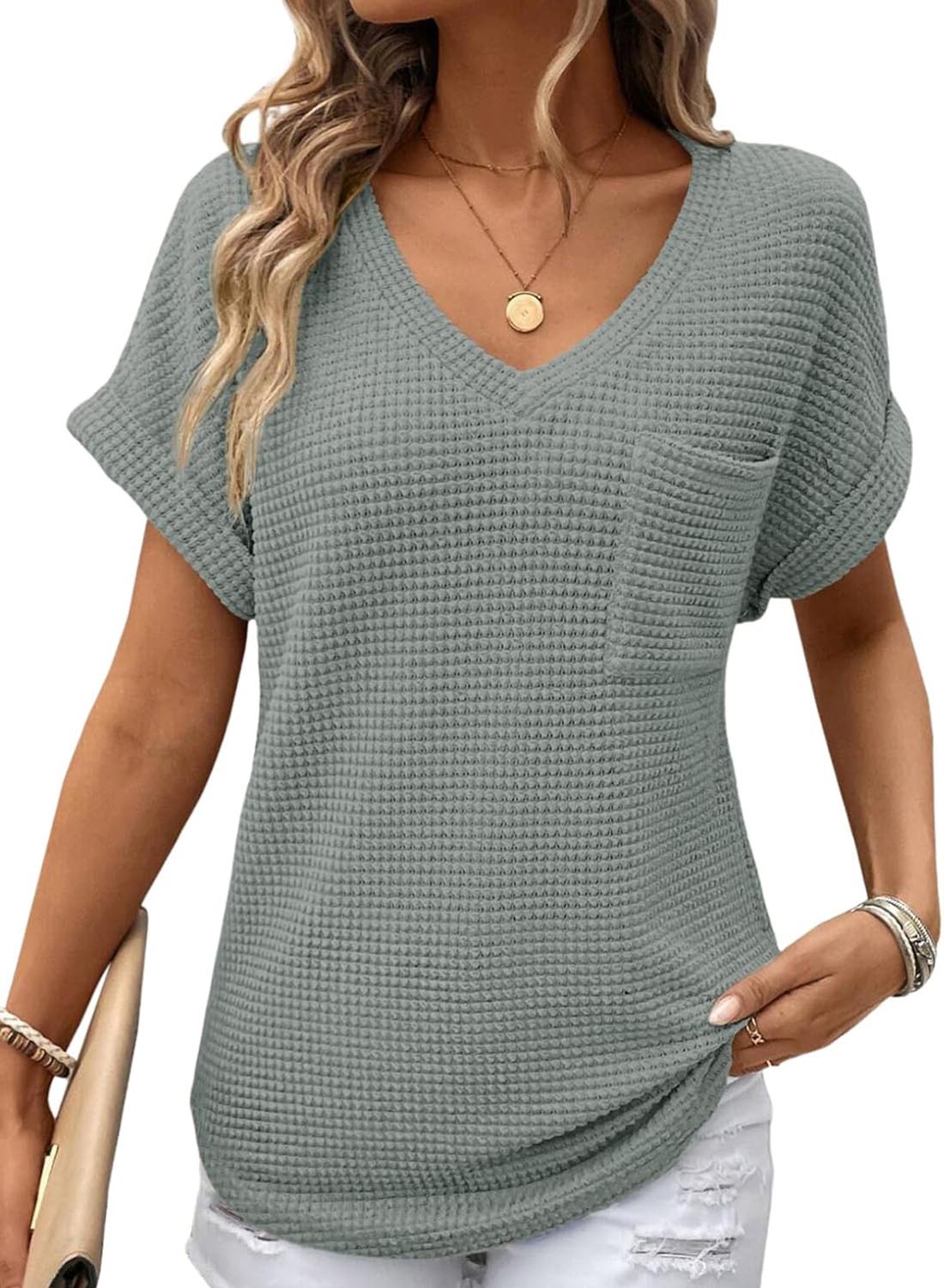Women's Oversized Waffle V Neck Short Sleeve Casual Top(BUY 2 FREE SHIPPING)
