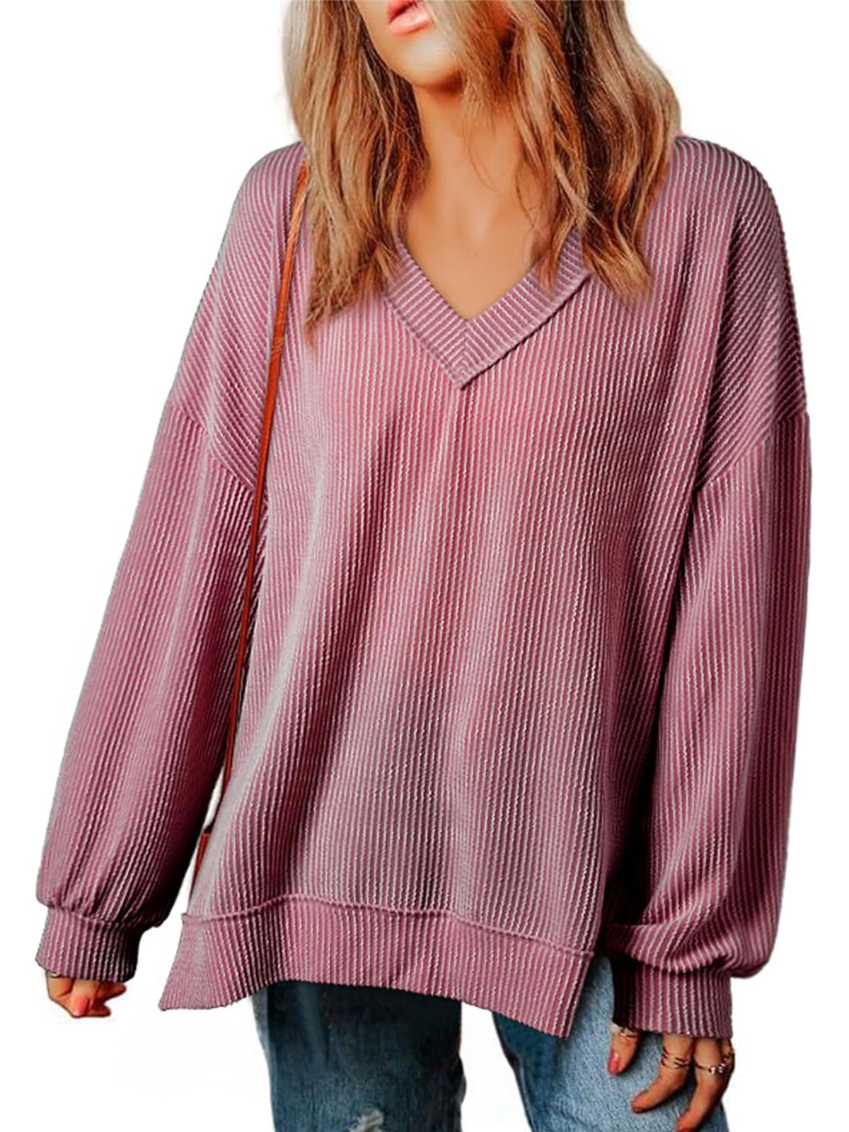 Womens Long Sleeve  Casual V Neck Oversized Tee T-Shirts Tops