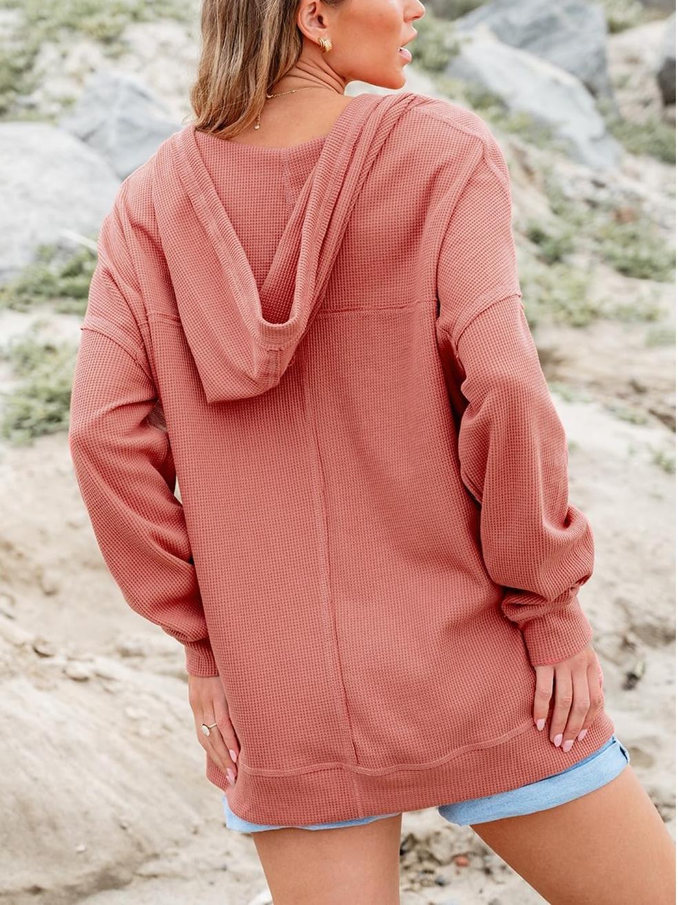 Women Casual Long Sleeve V Neck Drawstring Waffle Knit Hoodies Oversized Sweatshirts