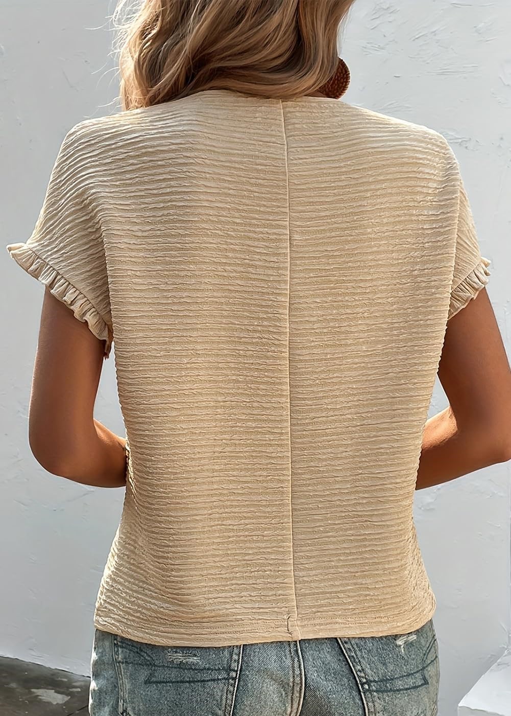 Women's Crewneck Textured Pleated Short Sleeve Shirt Top