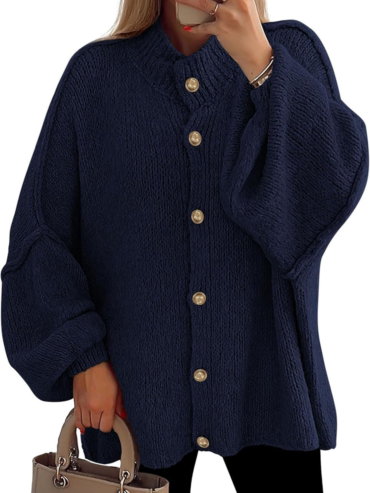 Women's Winter Button Down Cardigan Sweaters Mock Neck Lantern Long Sleeve 