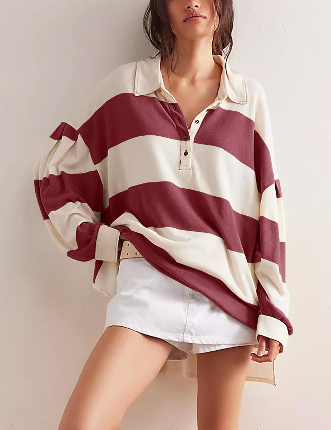 Oversized Striped Button Long Sleeve Pullover (Buy 2 Free Shipping)
