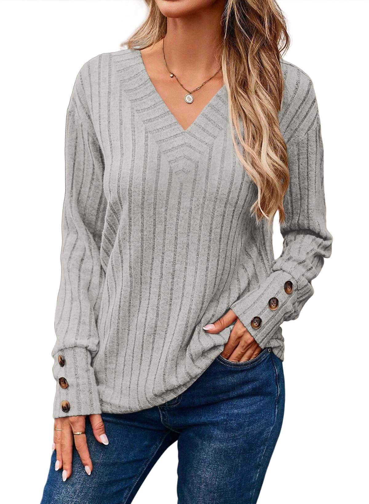  Womens Soft Long Sleeve V Neck Shirts Solid Casual Decorative Buttons Knitted  Tops