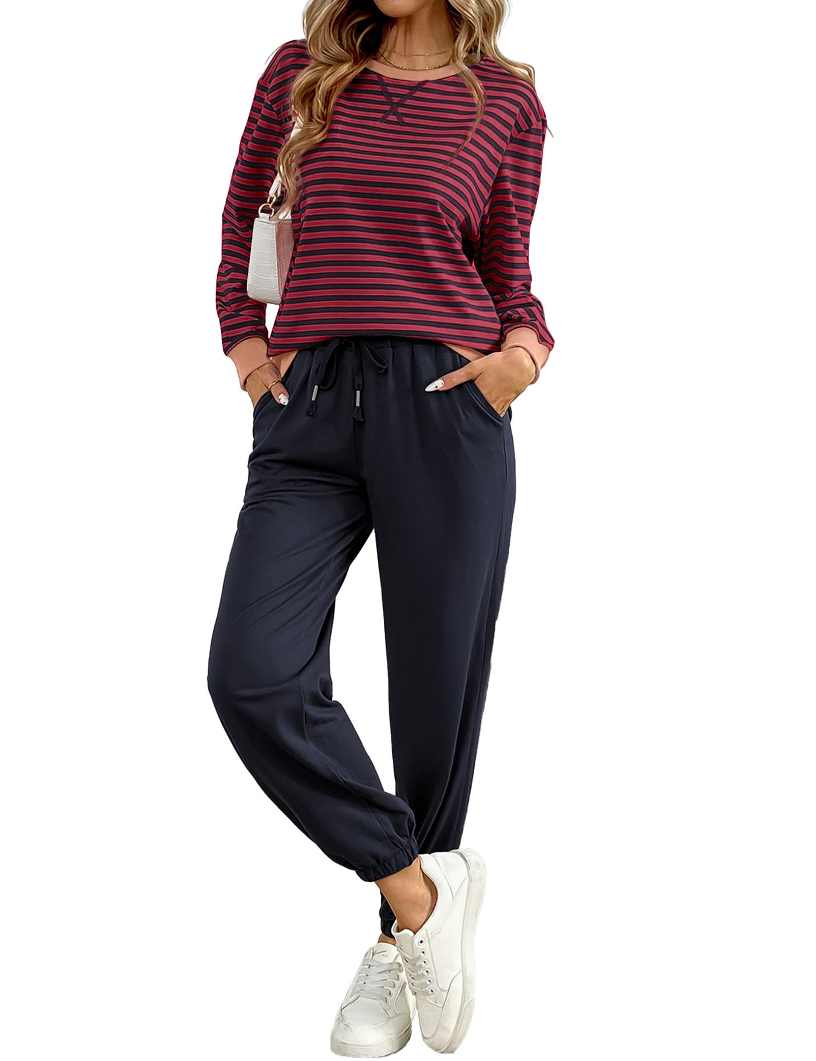 Women's Cozy 2 Piece Outfits Lounge Sets Striped Color Block Long Sleeve Tops Jogger Sweatpants