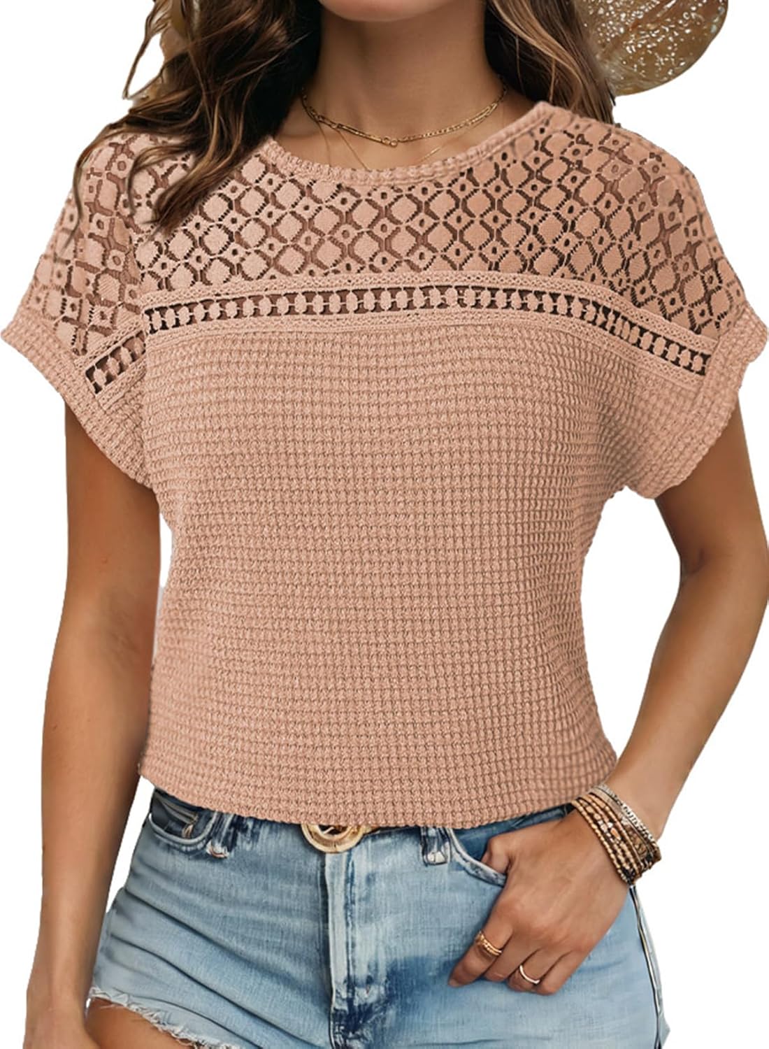 Women's Tops Casual Scoop Neck Short Sleeve Waffle Knit Hollow Out Shirts