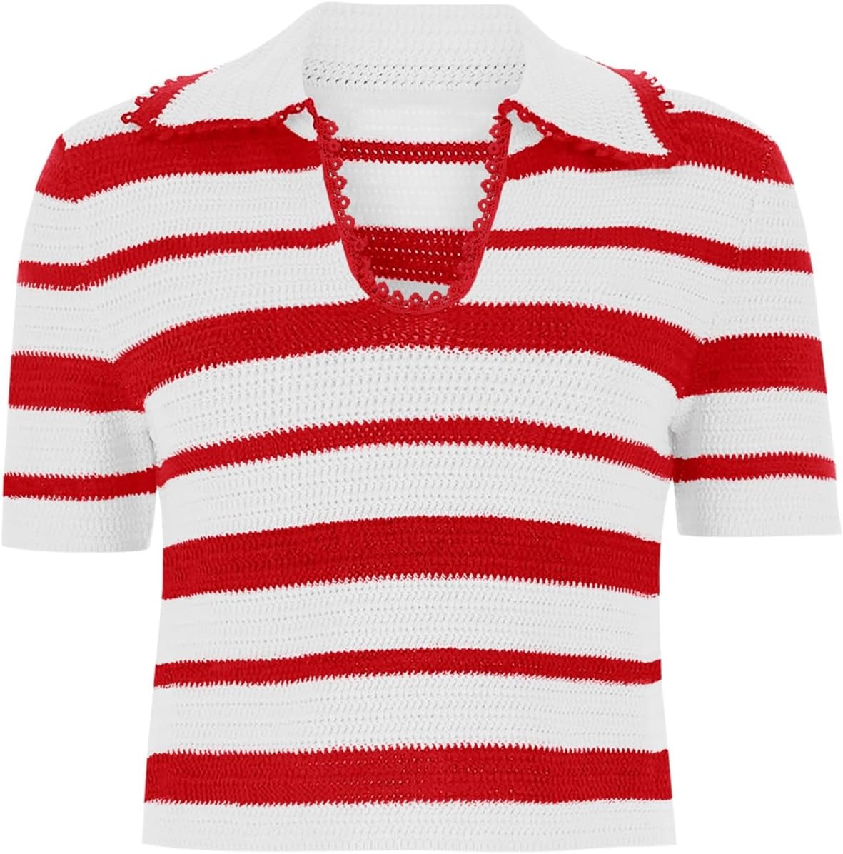 Women's Summer V Neck Collared Striped Short Sleeve Sweater Top(Buy 2 Free Shipping)