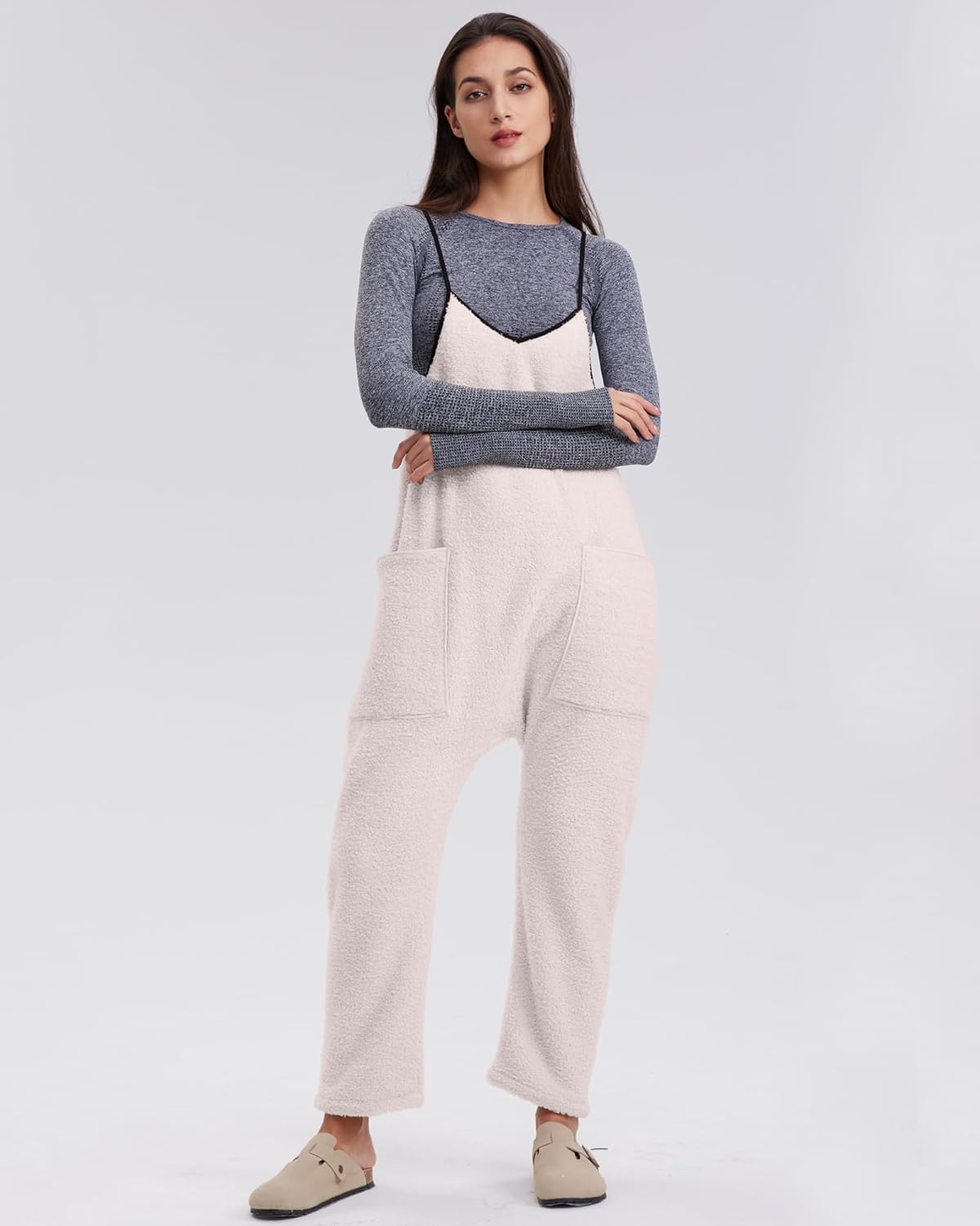 Womens Fleece Overalls Loose Fit Adjustable Strap Jumpsuits Warm Fashion Work Outfits