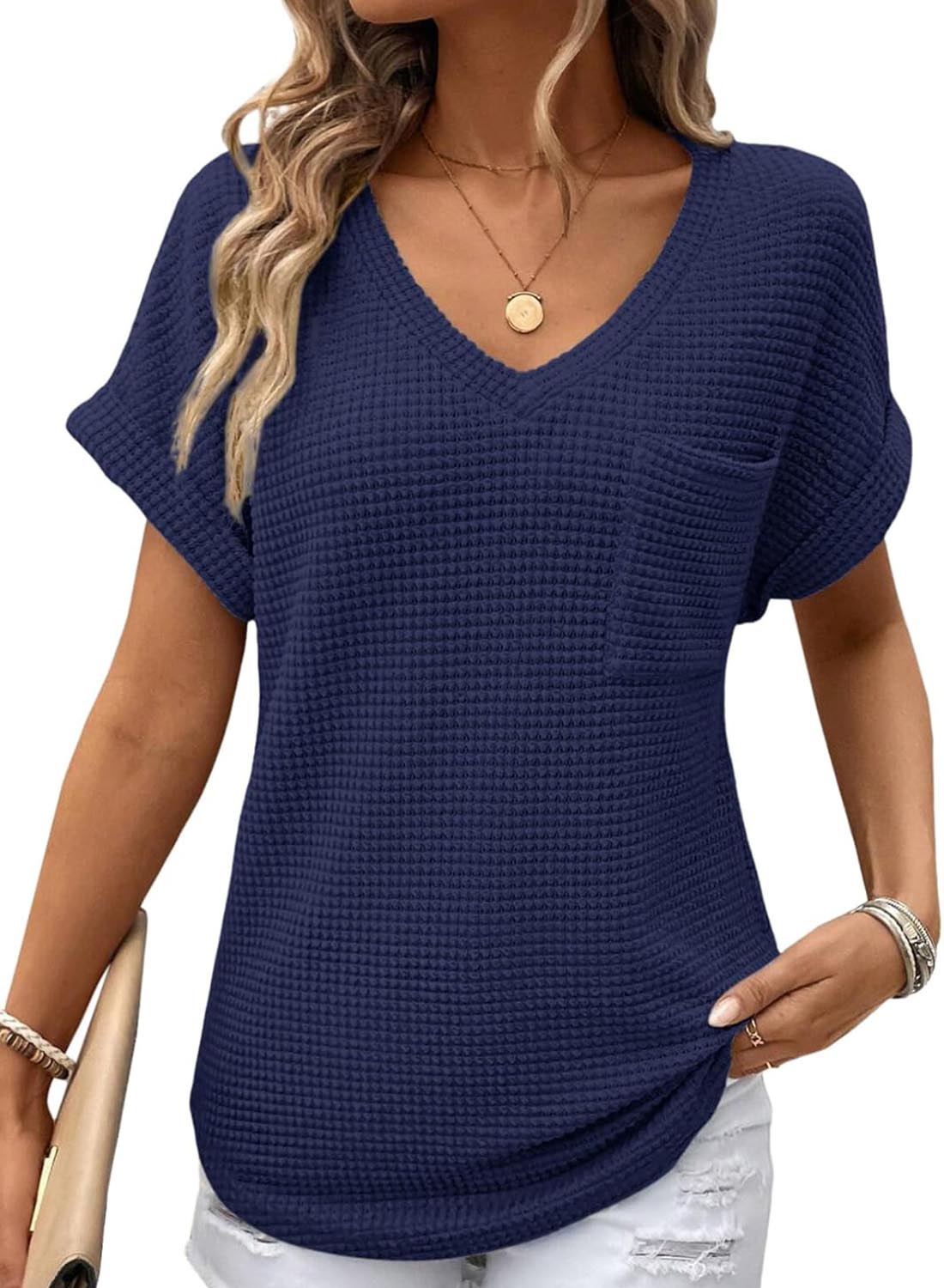 Women's Oversized Waffle V Neck Short Sleeve Casual Top(BUY 2 FREE SHIPPING)