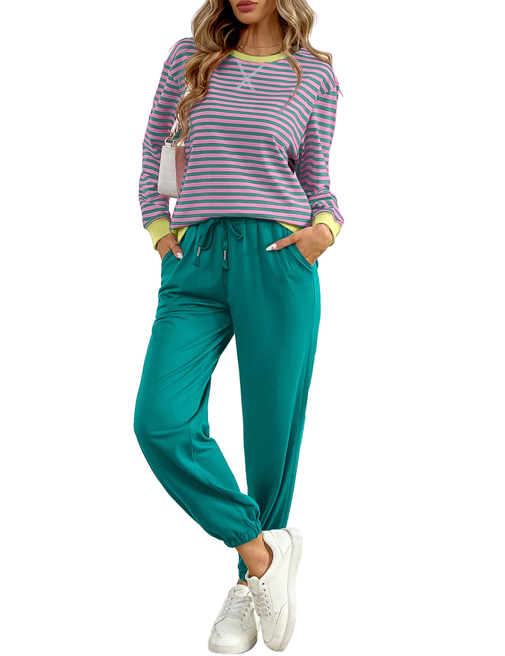 Women's Cozy 2 Piece Outfits Lounge Sets Striped Color Block Long Sleeve Tops Jogger Sweatpants