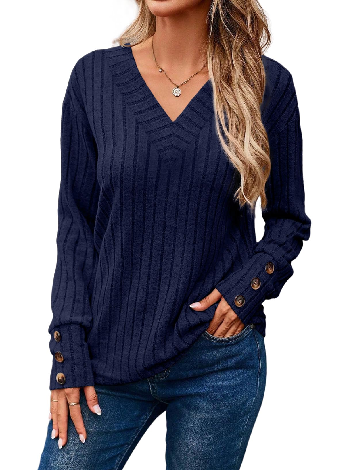  Womens Soft Long Sleeve V Neck Shirts Solid Casual Decorative Buttons Knitted  Tops