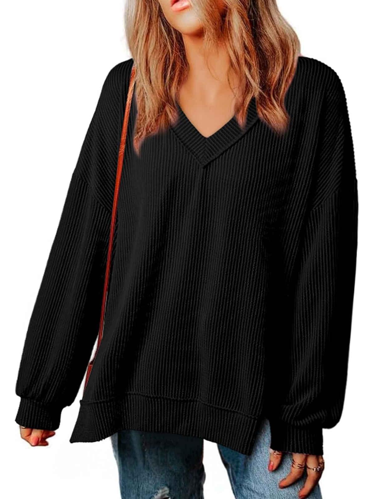 Womens Long Sleeve  Casual V Neck Oversized Tee T-Shirts Tops