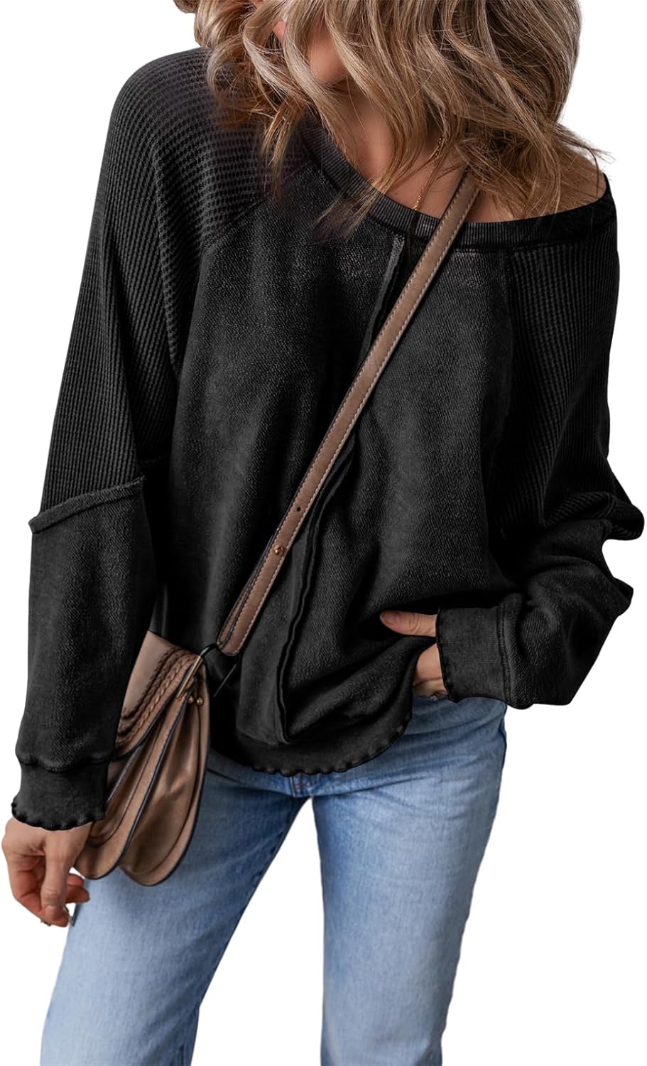 Womens Crewneck Long Sleeve Waffle Knit Sweatshirt