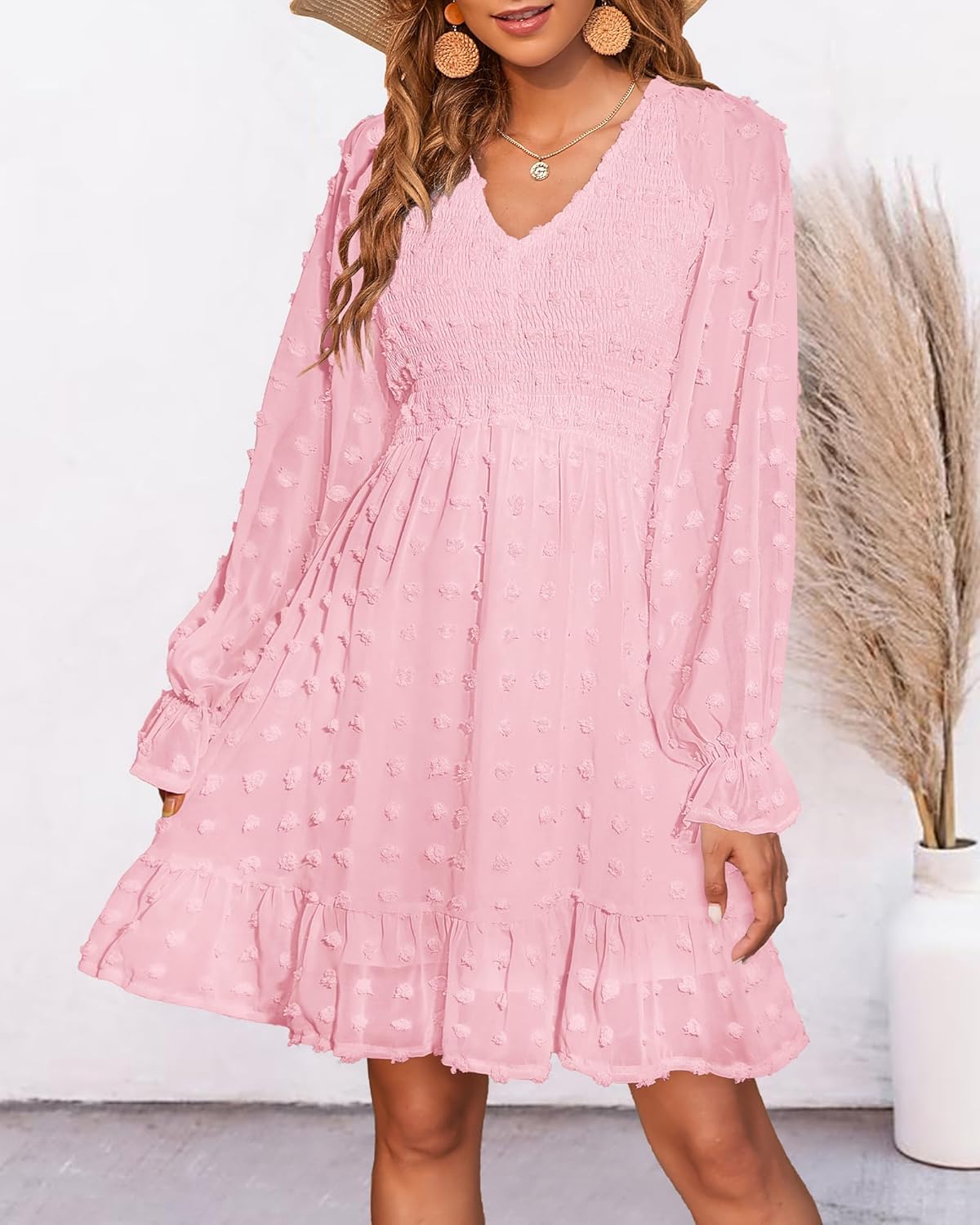 2025 Womens V Neck Casual Smocked Swiss Dot Swing Ruffle Mini Dress(Buy 2 Free Shipping)