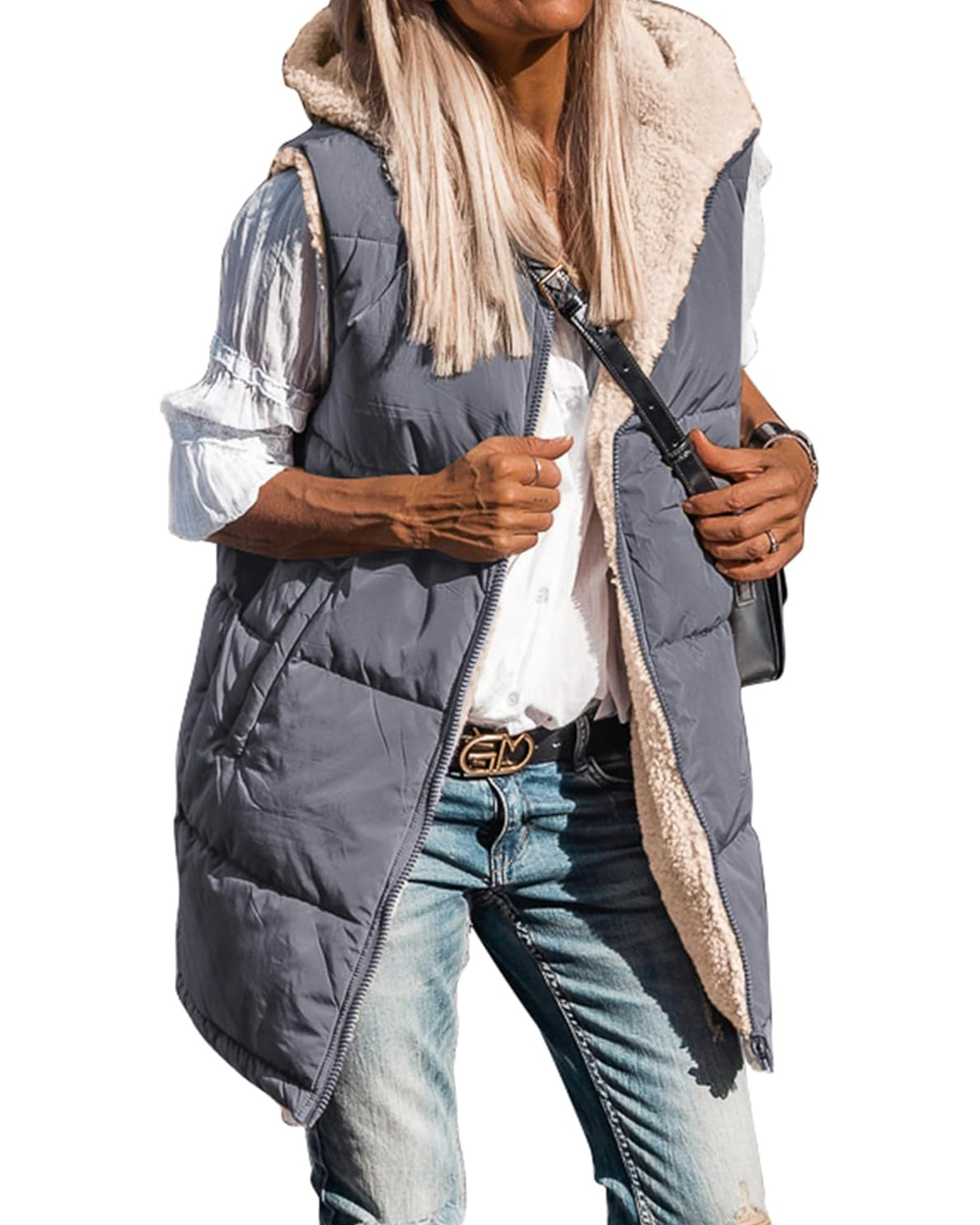 Women's Sleeveless Hooded Reversible Fleece Jacket Zip Up Coat Outerwear Vests(BUY 2 FREE SHIPPING)