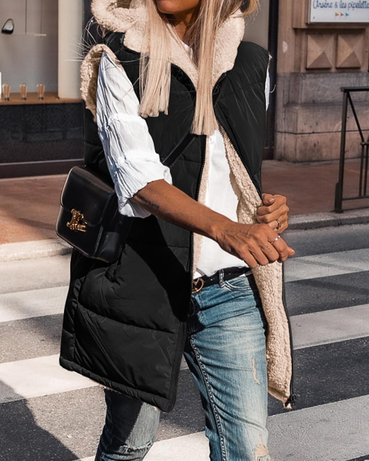 Women's Sleeveless Hooded Reversible Fleece Jacket Zip Up Coat Outerwear Vests(BUY 2 FREE SHIPPING)