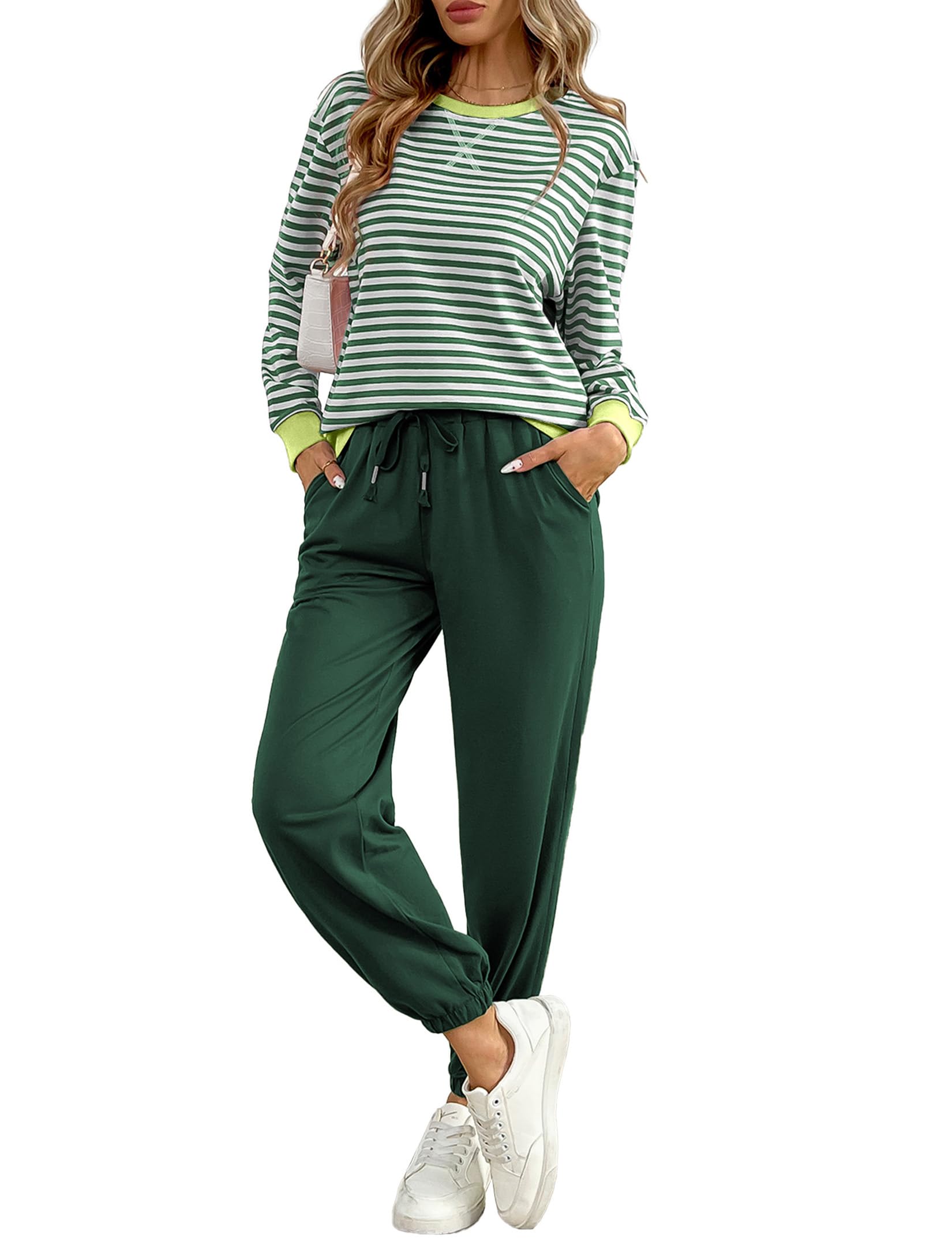Women's Cozy 2 Piece Outfits Lounge Sets Striped Color Block Long Sleeve Tops Jogger Sweatpants