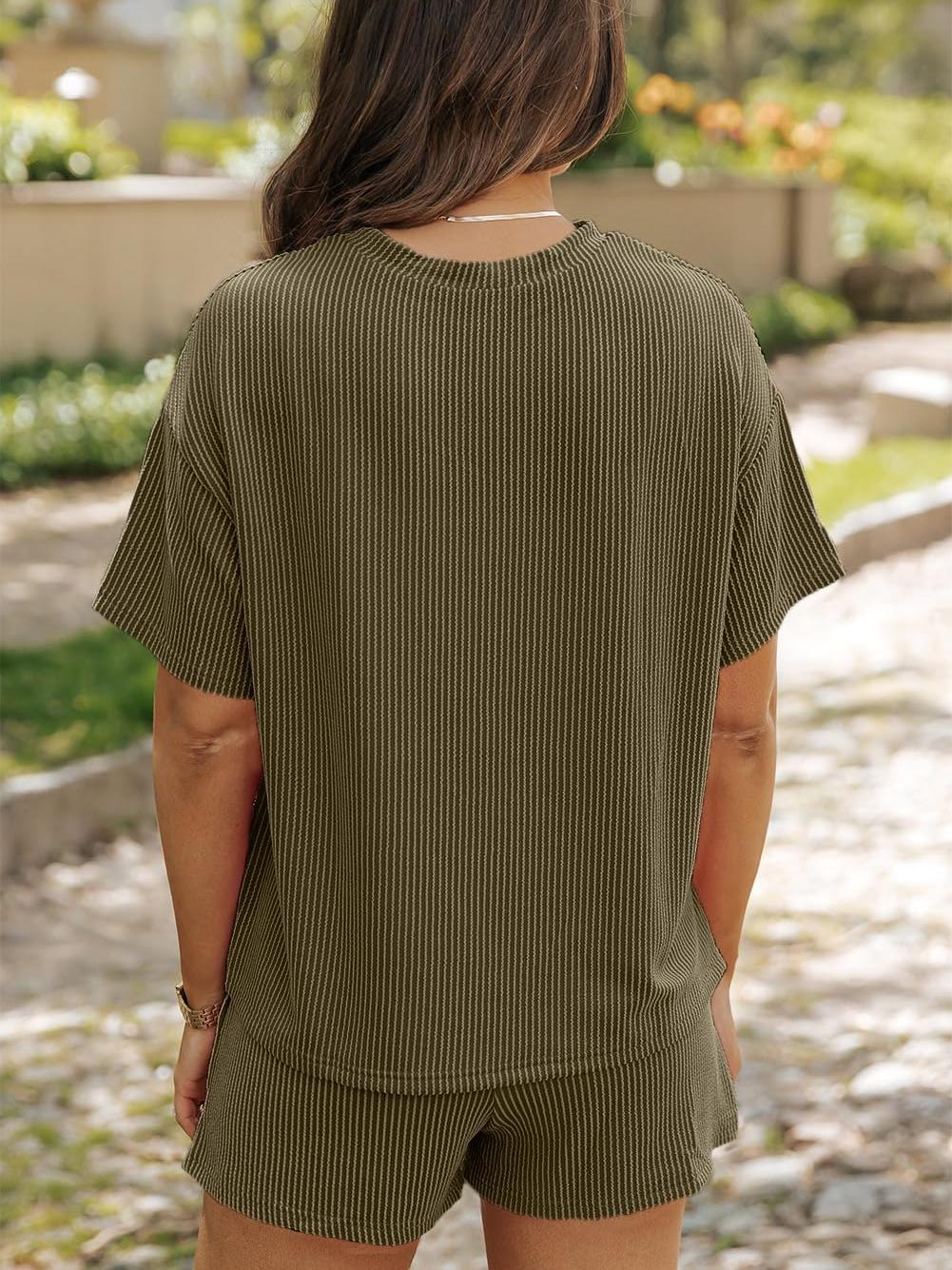 Women's Ribbed Textured Knit Loose Lounge Shorts 2 Piece Set