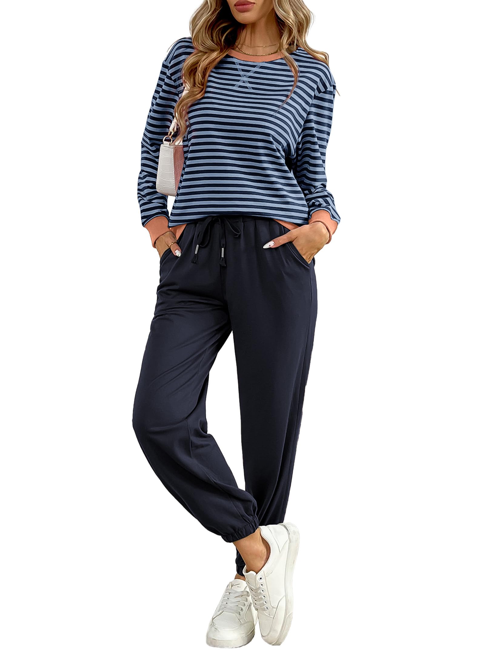 Women's Cozy 2 Piece Outfits Lounge Sets Striped Color Block Long Sleeve Tops Jogger Sweatpants