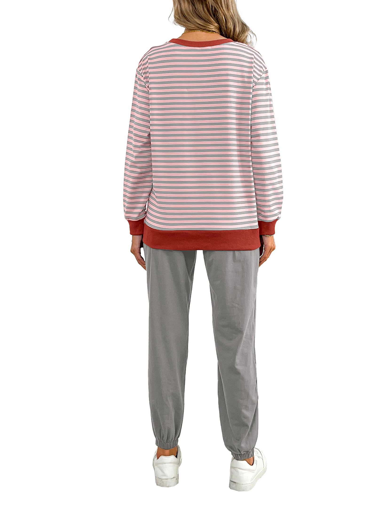 Women's Cozy 2 Piece Outfits Lounge Sets Striped Color Block Long Sleeve Tops Jogger Sweatpants