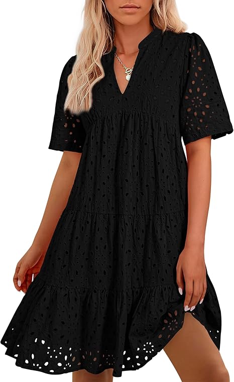 Women's V Neck Short Sleeve Hollow Out Mini Vacation Dress (Buy 2 Free Shipping)