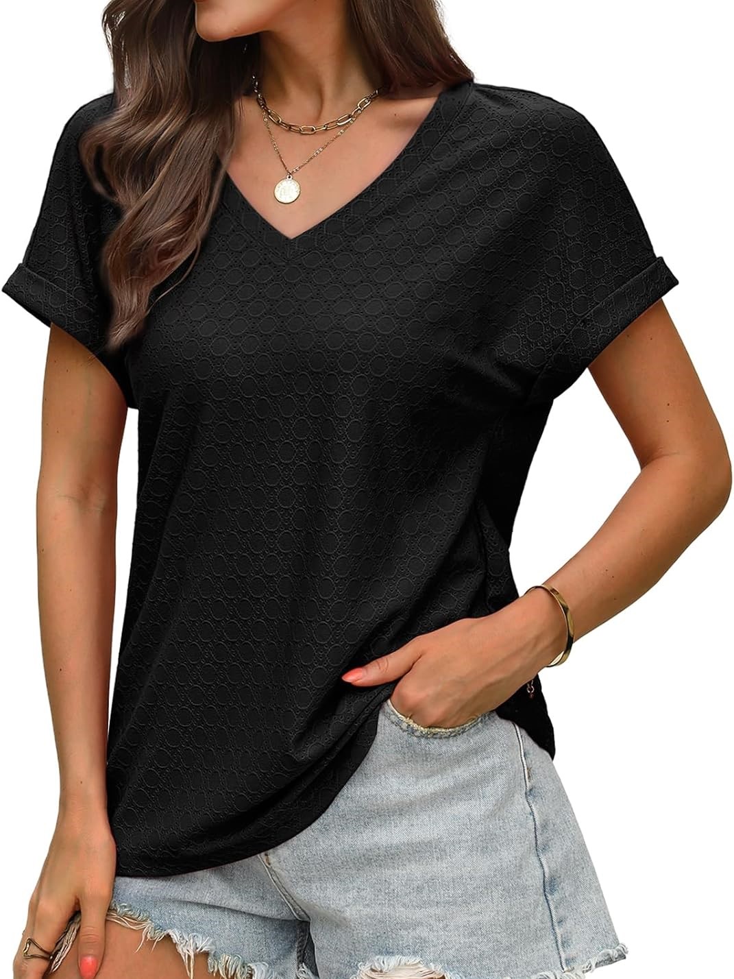 Women's V Neck Eyelet Dressy Casual Basic Short Sleeve Tees