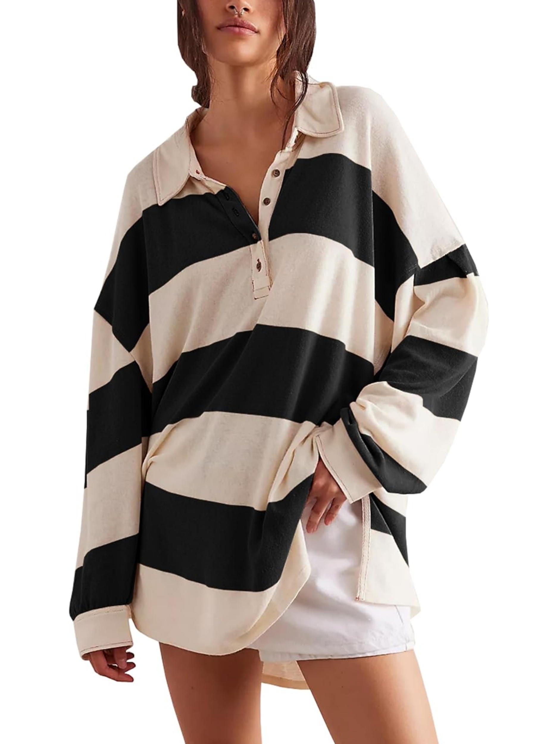 Oversized Striped Button Long Sleeve Pullover (Buy 2 Free Shipping)