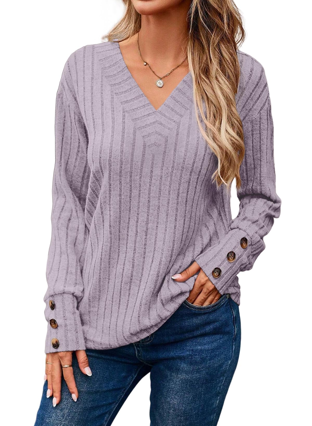  Womens Soft Long Sleeve V Neck Shirts Solid Casual Decorative Buttons Knitted  Tops