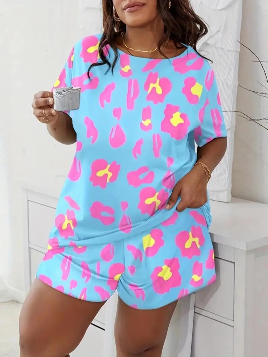Women's Summer Plus Size All Over Print Loose Pajama Set