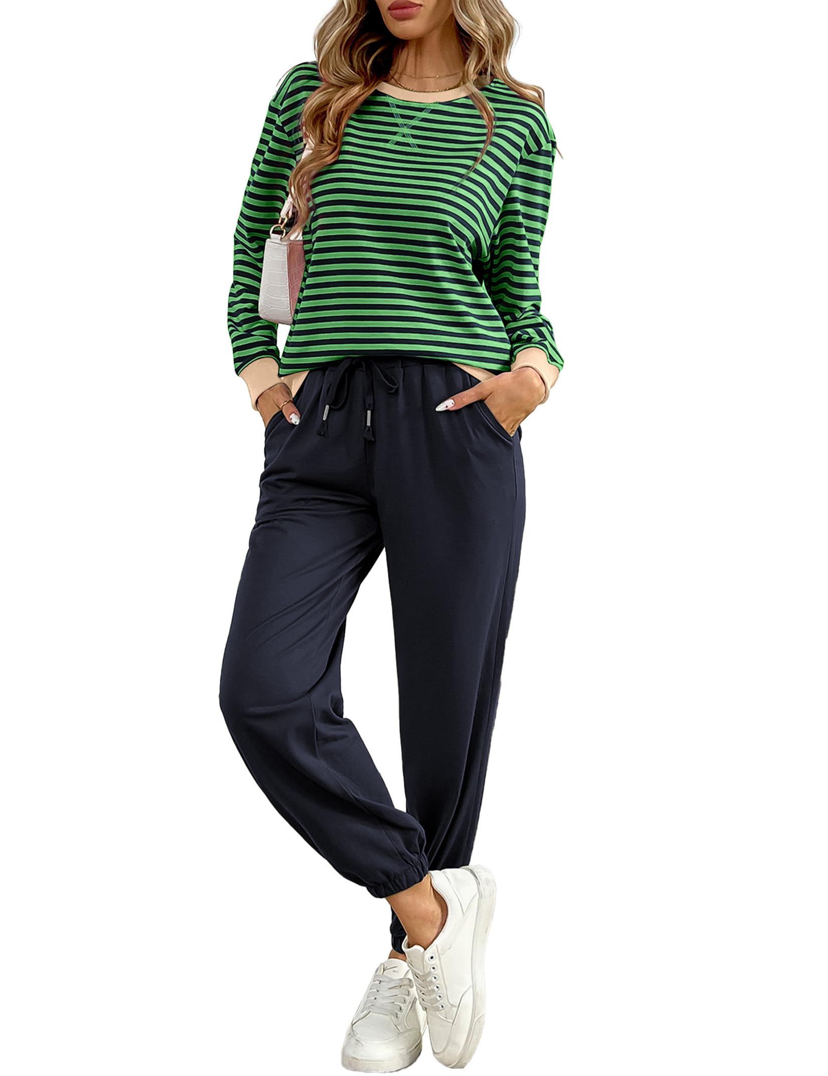 Women's Cozy 2 Piece Outfits Lounge Sets Striped Color Block Long Sleeve Tops Jogger Sweatpants