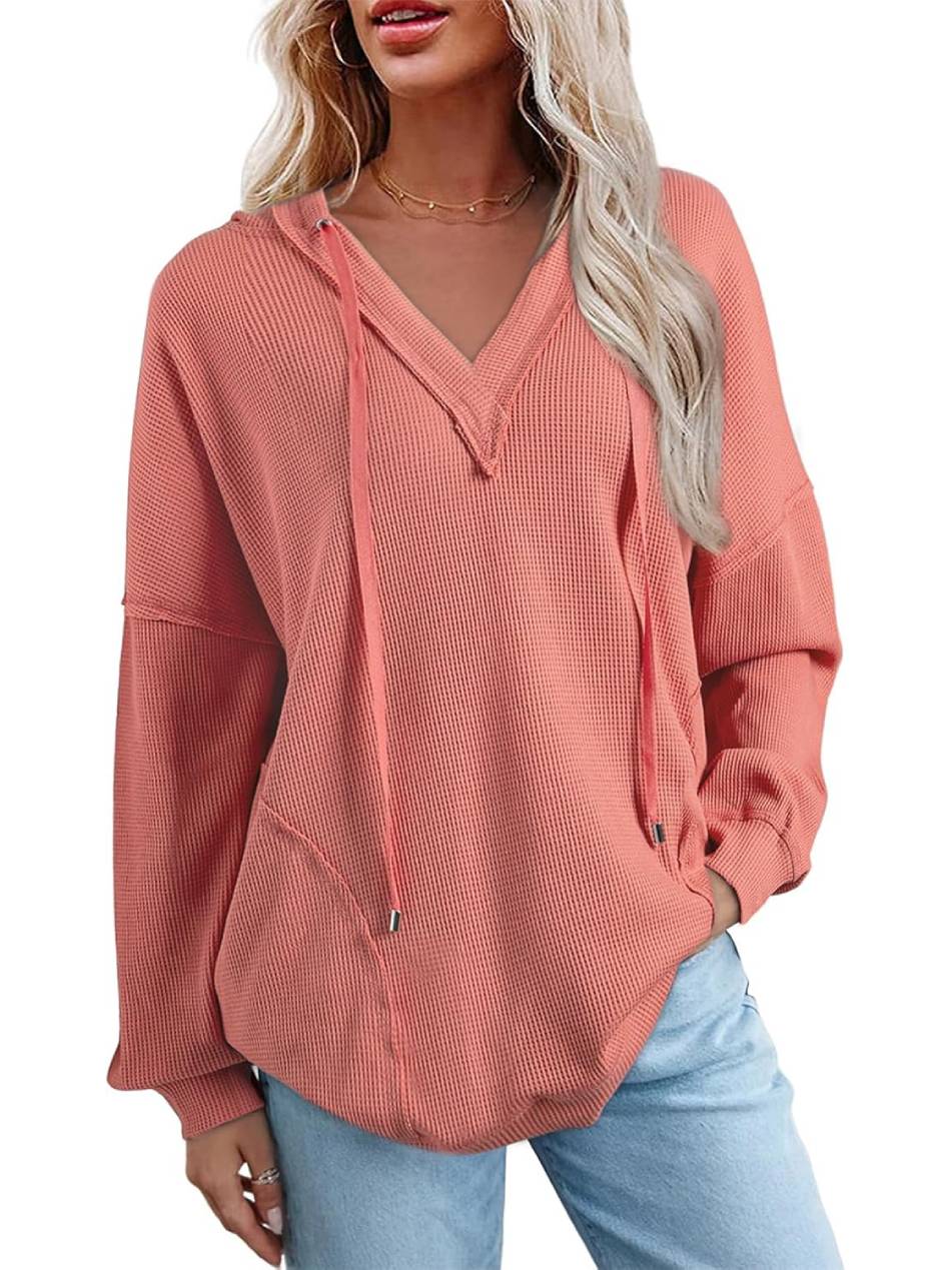 Women Casual Long Sleeve V Neck Drawstring Waffle Knit Hoodies Oversized Sweatshirts
