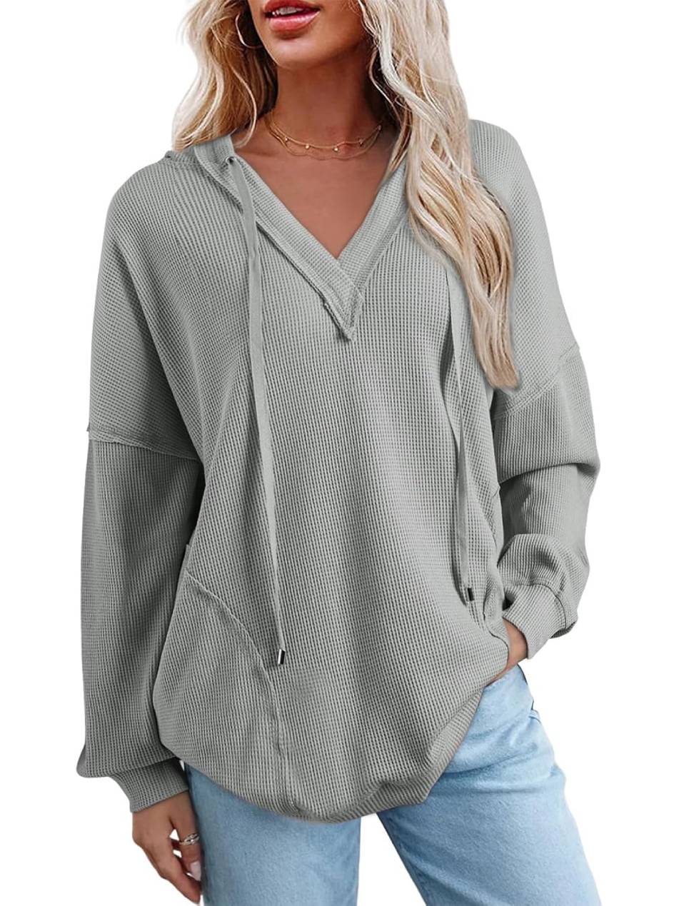 Women Casual Long Sleeve V Neck Drawstring Waffle Knit Hoodies Oversized Sweatshirts