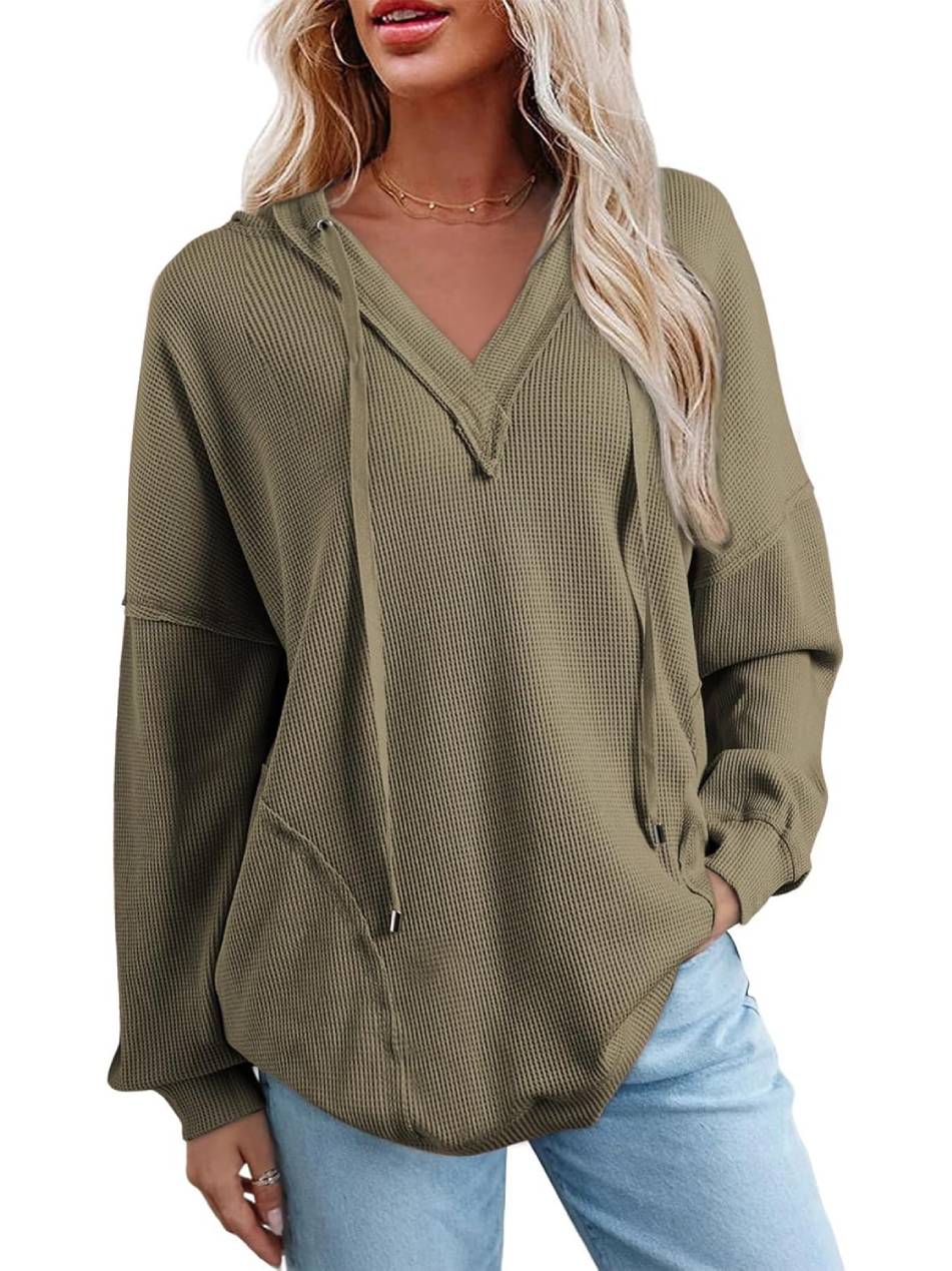 Women Casual Long Sleeve V Neck Drawstring Waffle Knit Hoodies Oversized Sweatshirts