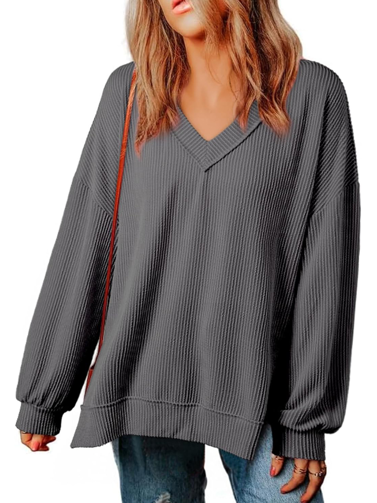 Womens Long Sleeve  Casual V Neck Oversized Tee T-Shirts Tops