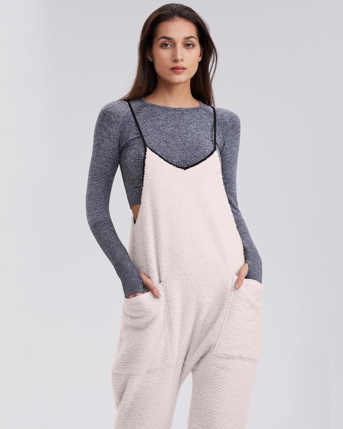 Womens Fleece Overalls Loose Fit Adjustable Strap Jumpsuits Warm Fashion Work Outfits