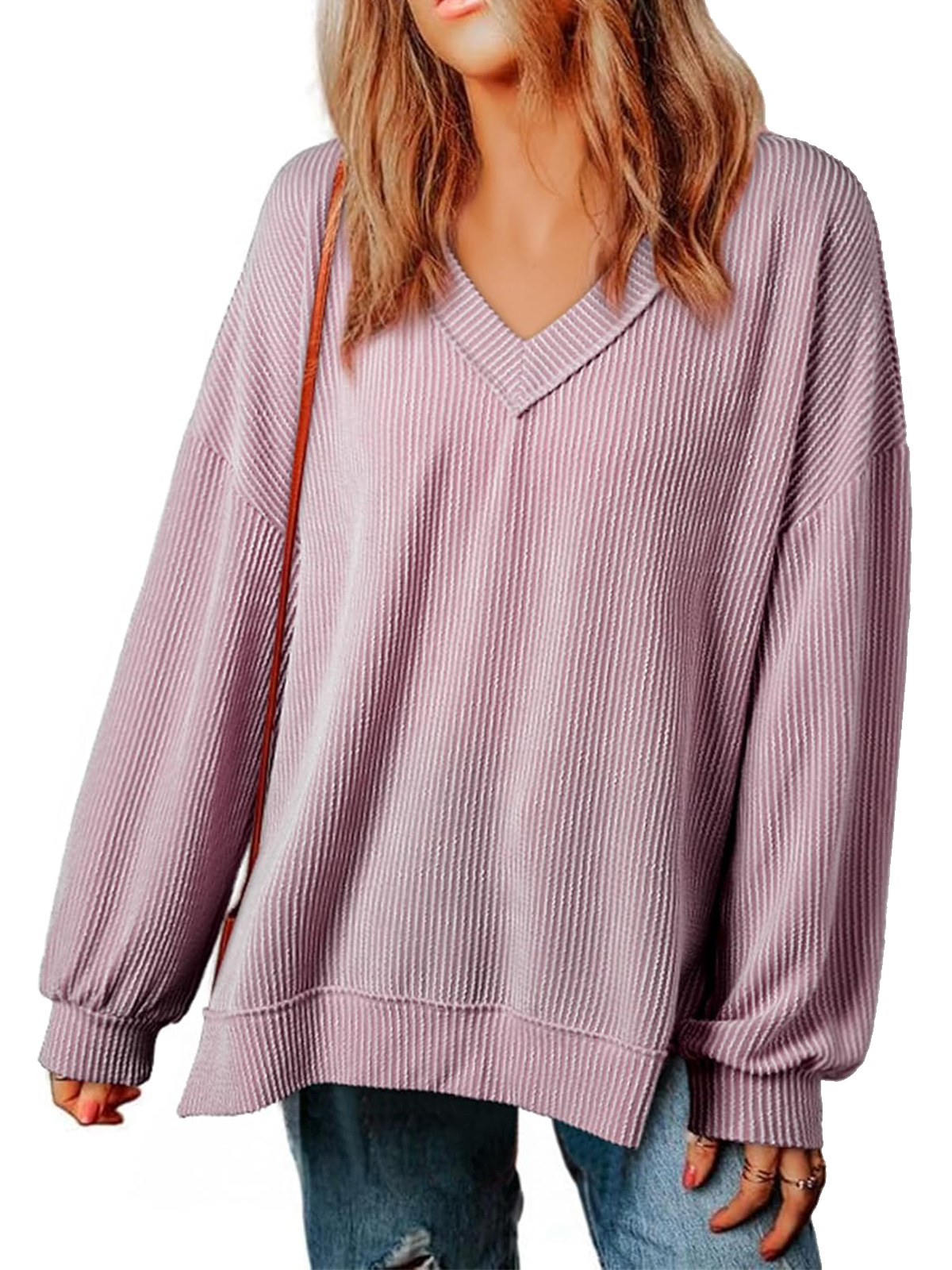 Womens Long Sleeve  Casual V Neck Oversized Tee T-Shirts Tops