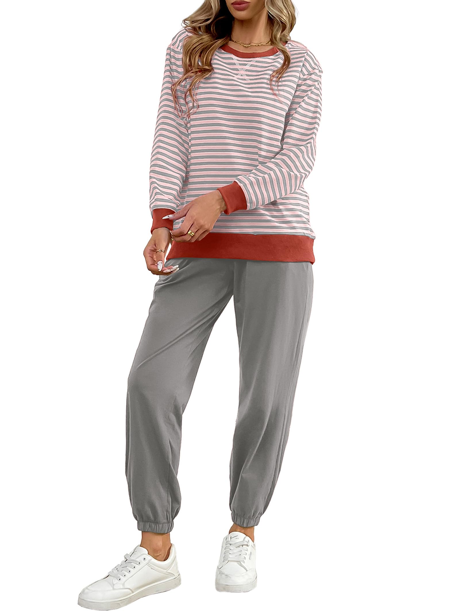 Women's Cozy 2 Piece Outfits Lounge Sets Striped Color Block Long Sleeve Tops Jogger Sweatpants