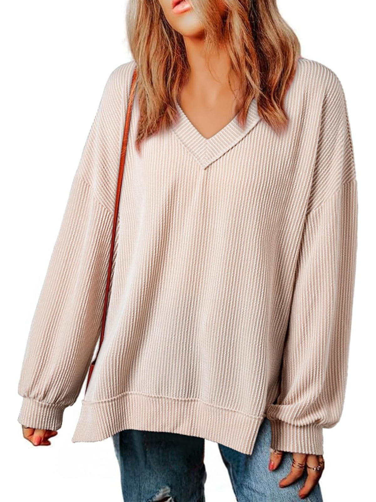 Womens Long Sleeve  Casual V Neck Oversized Tee T-Shirts Tops