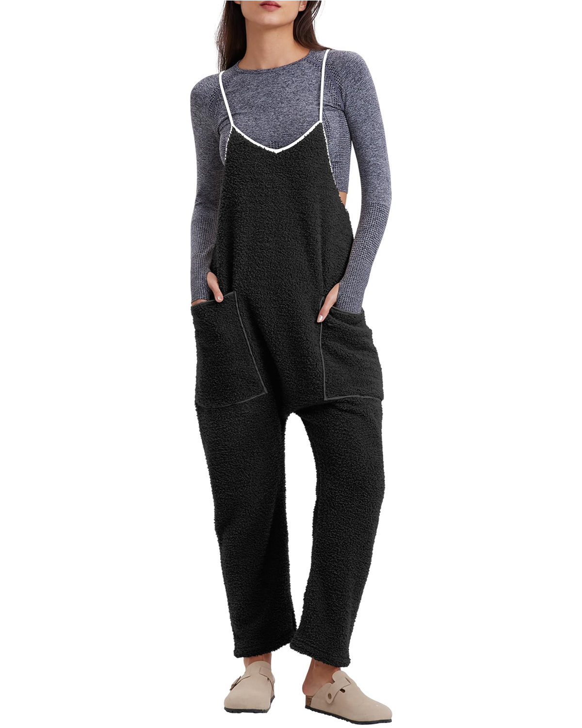 Womens Fleece Overalls Loose Fit Adjustable Strap Jumpsuits Warm Fashion Work Outfits