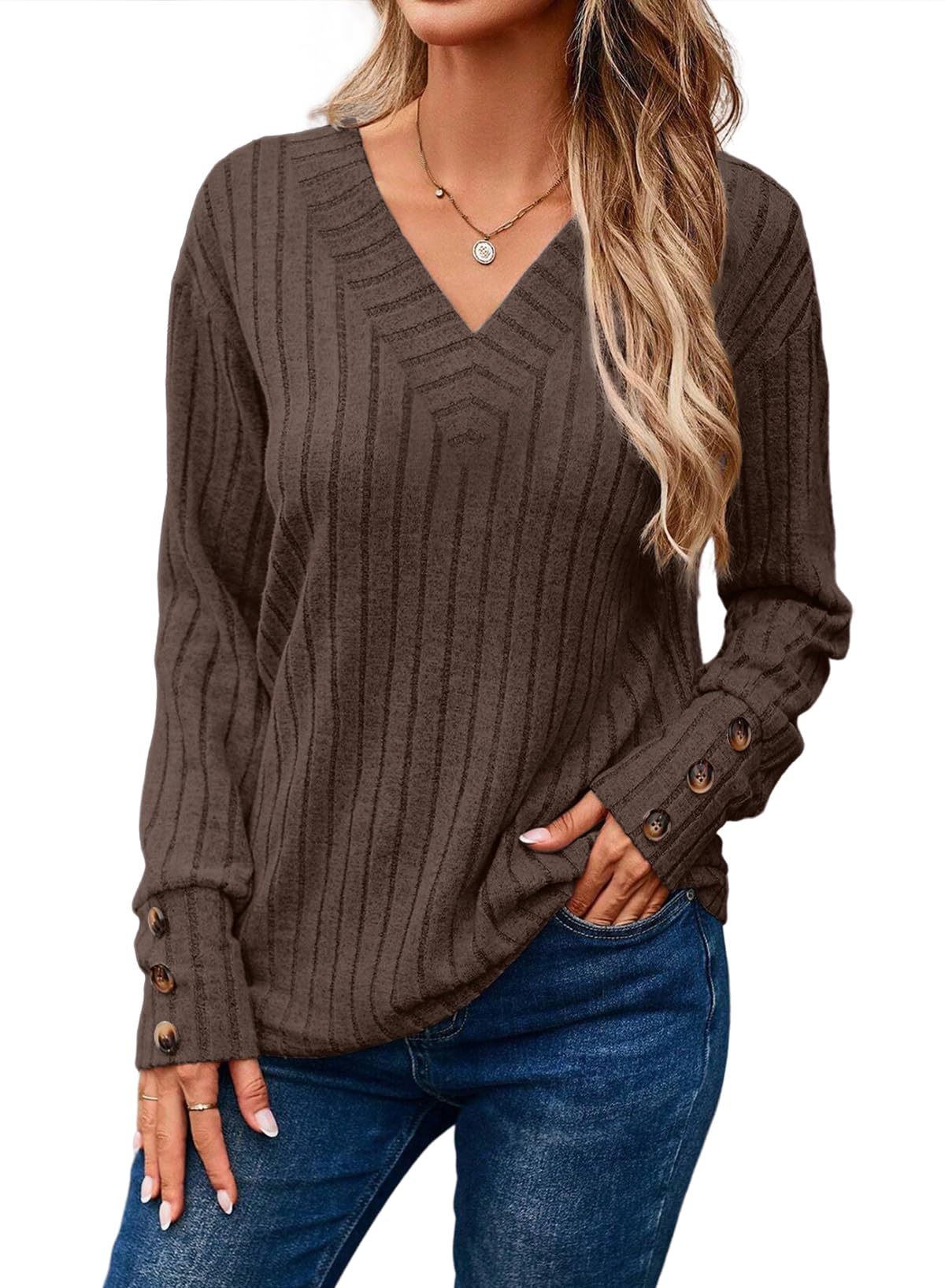  Womens Soft Long Sleeve V Neck Shirts Solid Casual Decorative Buttons Knitted  Tops
