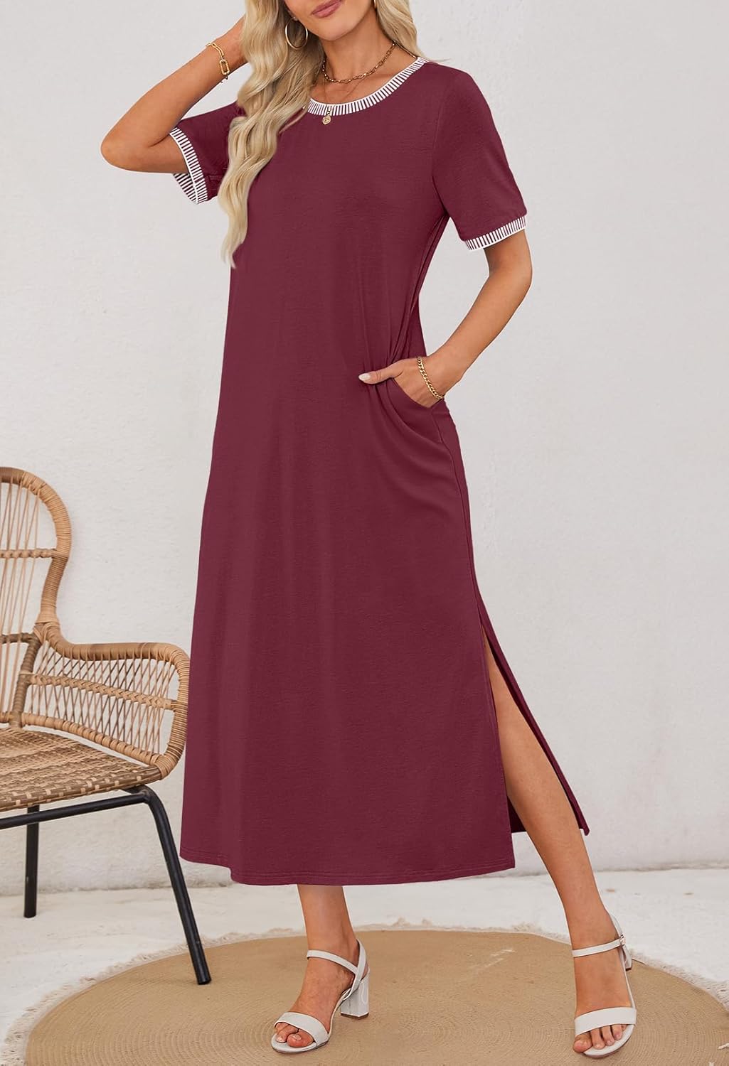 Women's Summer Short-sleeved Round Neck Slit Casual Dress(Buy 2 Free Shipping)