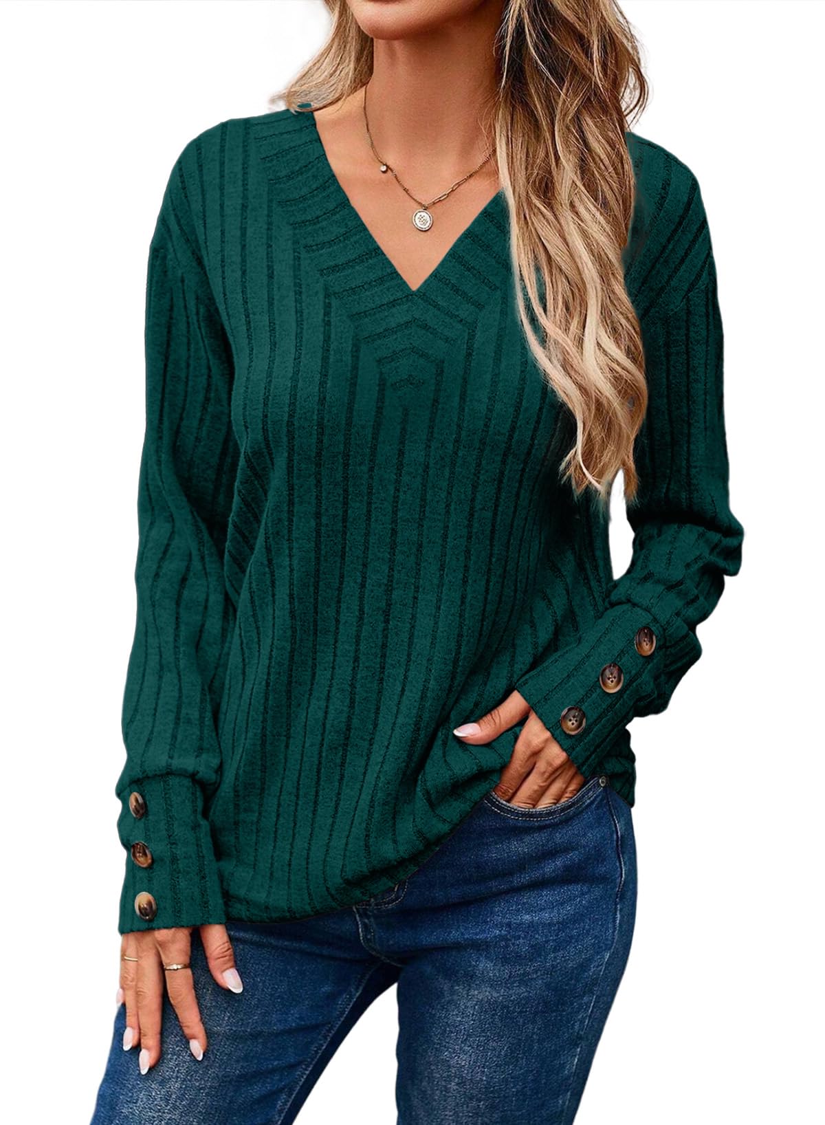  Womens Soft Long Sleeve V Neck Shirts Solid Casual Decorative Buttons Knitted  Tops