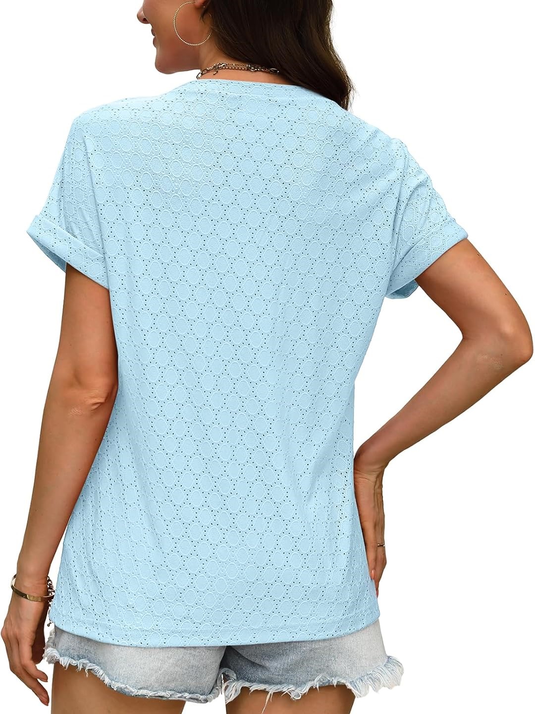 Women's V Neck Eyelet Dressy Casual Basic Short Sleeve Tees