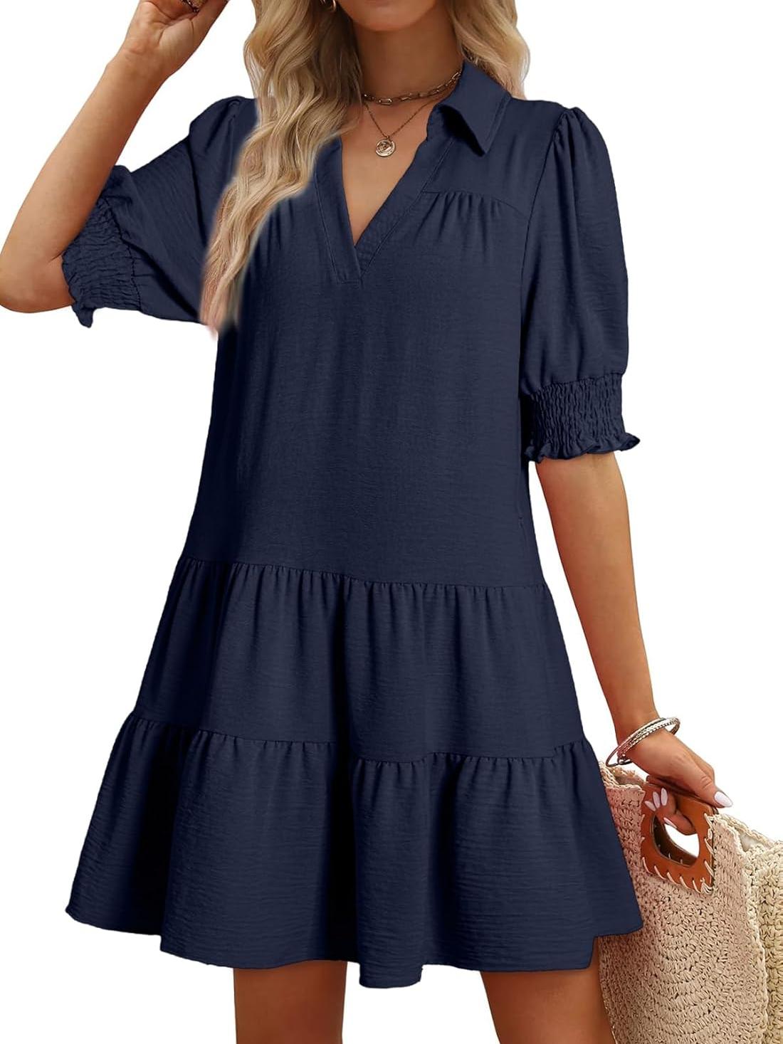 ⏰Hot Sale-Smocked Sleeve Tiered V-Neck Mini Dress (Buy 2 Free Shipping) 
