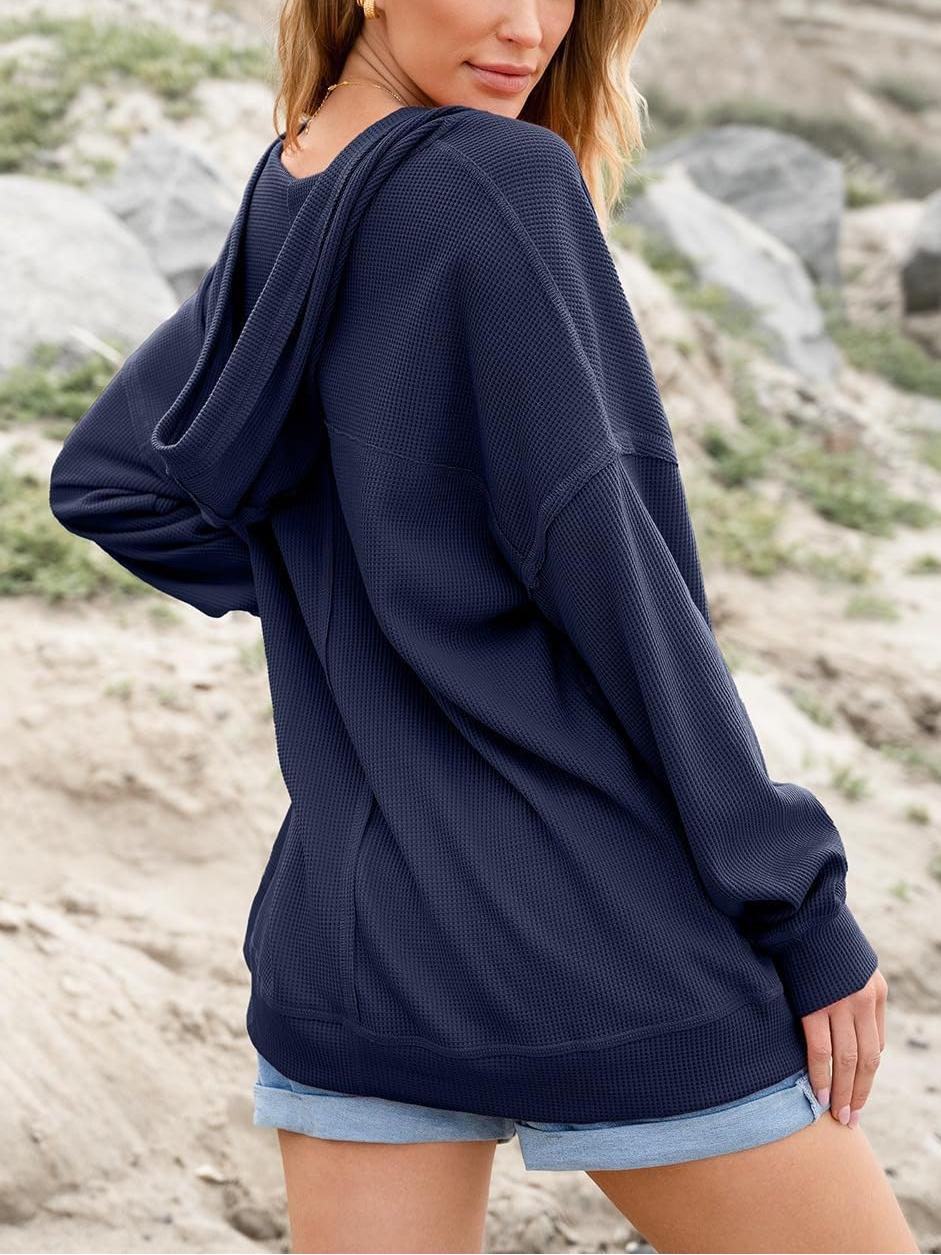 Women Casual Long Sleeve V Neck Drawstring Waffle Knit Hoodies Oversized Sweatshirts