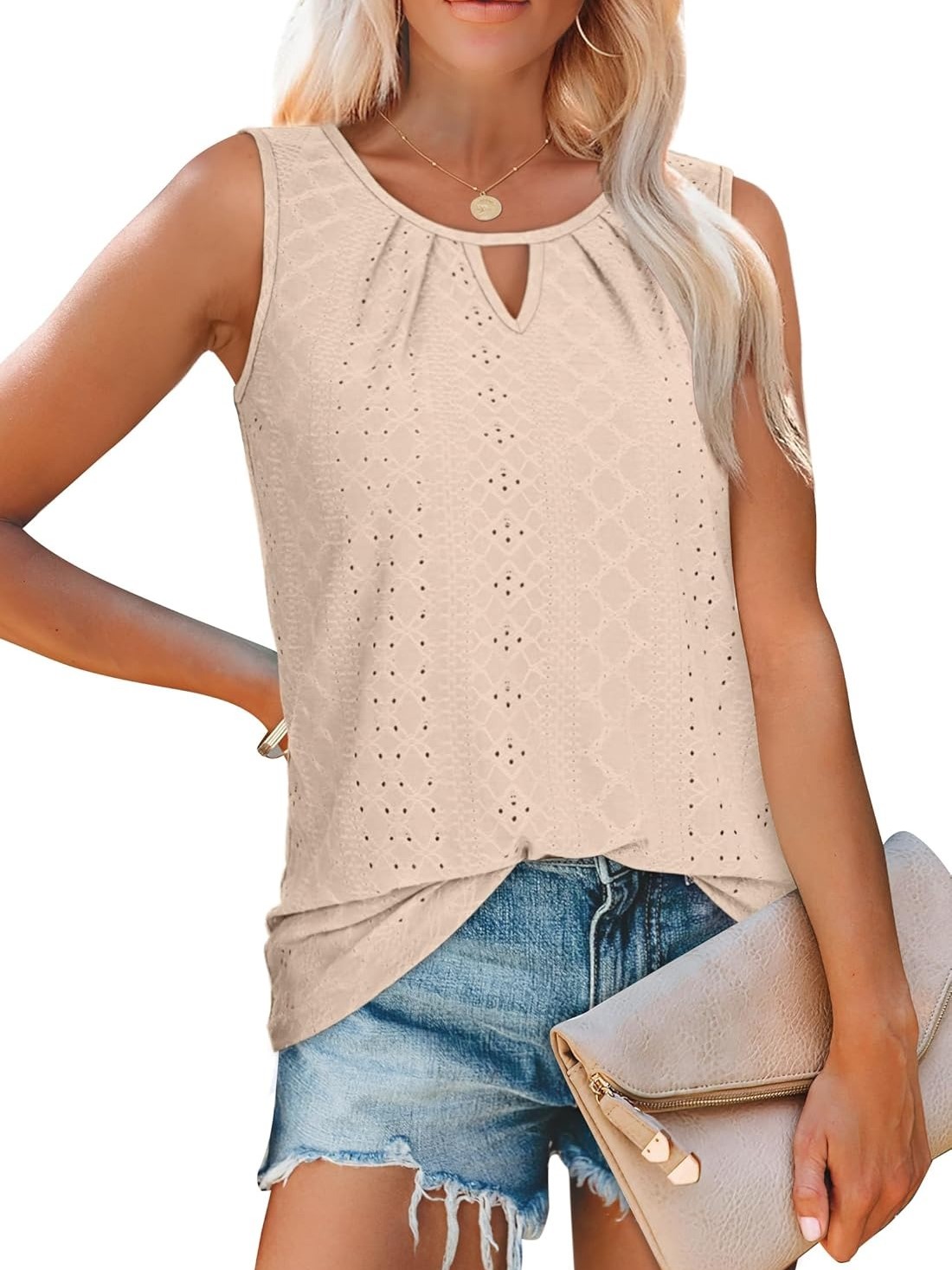 Women's Keyhole Neck Trendy Sleeveless Pleated Tank Tops