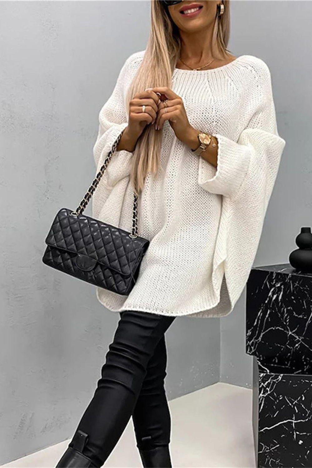 Women's Elegant Knitted Cape Sweater Bat Sleeve Casual Top